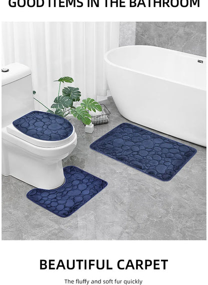 Solid Color Simple Bathroom Mat Set - Water-Absorbing, Non-Slip Stone Pattern, Comfortable & Soft (3PC)