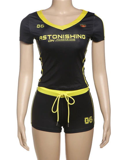 Sisterlinda Summer 2-Piece Set – Women's Letter Print T-Shirt & Drawstring Mini Skirt Tracksuit