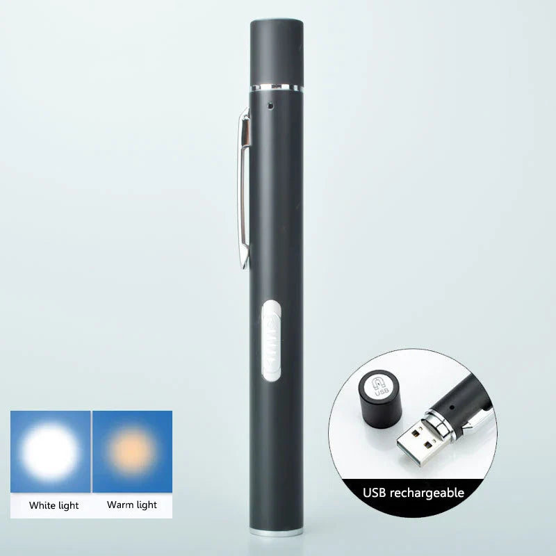 USB Rechargeable Medical Pen Light LED Flashlight – Stainless Steel Clip Mini Pocket Torch for Nursing, Dentist & Inspection Use