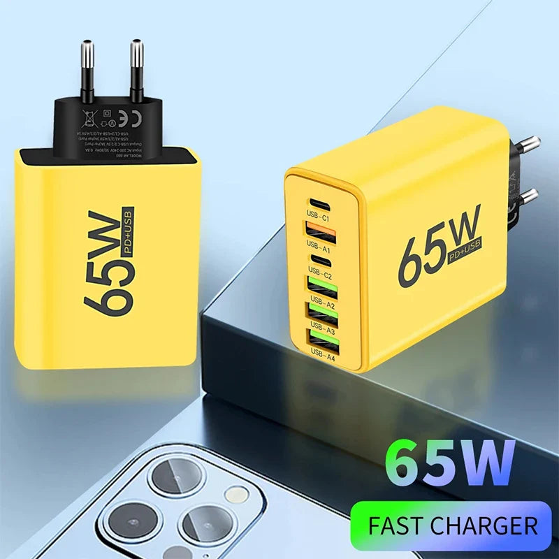USB Type C 6-Port Wall Charger - PD Fast Charging for iPhone 15/14 Pro Max, Samsung, Xiaomi, Huawei Mobile Phones