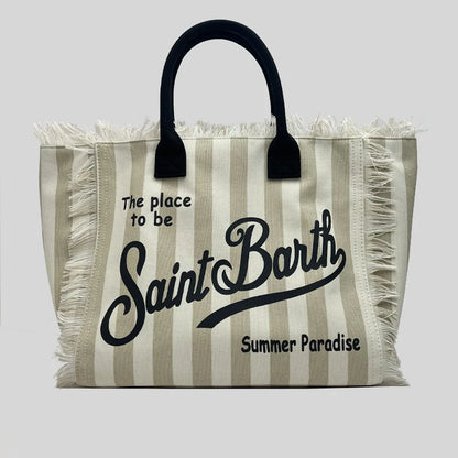 Saint Barth Large Capacity Women's Beach Handbag – European & American Style, Deep Blue Striped Tassel Tote
