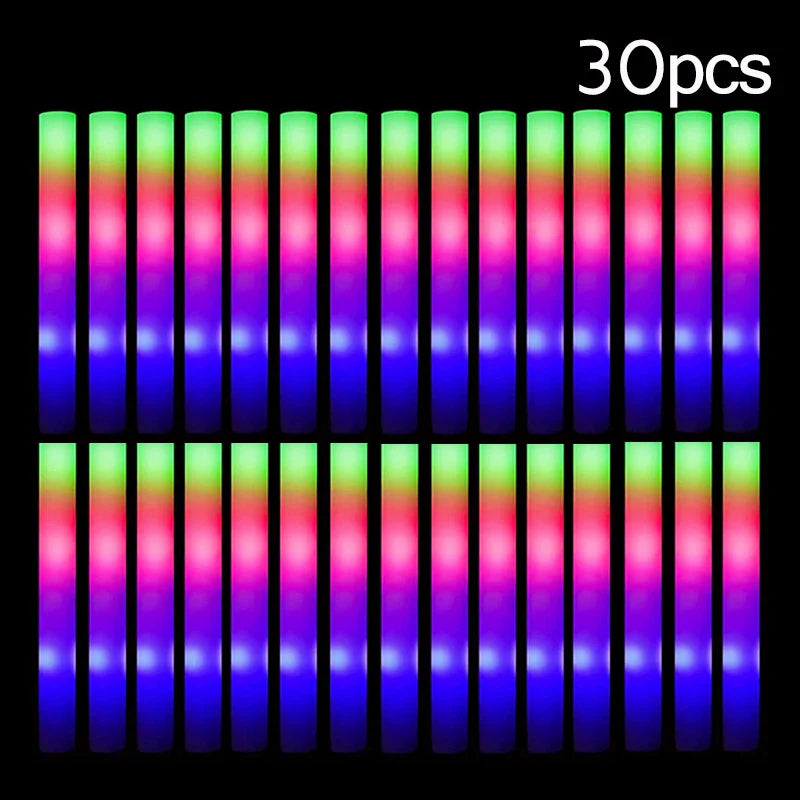 15/30PCS LED Glow Sticks Bulk – Colorful RGB Foam Light-Up Cheer Tubes for Christmas, Birthday, Wedding & Party Supplies