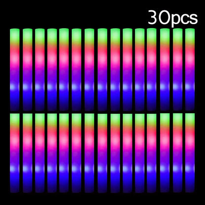 15/30PCS LED Glow Sticks Bulk – Colorful RGB Foam Light-Up Cheer Tubes for Christmas, Birthday, Wedding & Party Supplies
