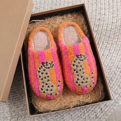 Color Block Leopard Plush Slippers - Warm Non-Slip Indoor Winter Shoes for Women & Holiday Gifts