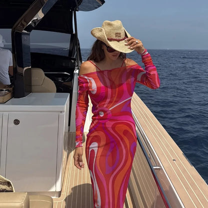 Women’s Striped Rainbow Spaghetti Strap Dress – Sleeveless Backless V-Neck Split Beach Dress, 2025 Summer Party Chic Robe