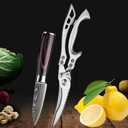 Laser Damascus Kitchen Knife Set – Cleaver, Meat, Fruit, Bread, Boning Knife and Chicken Scissors for Barbecue and Home Cooking