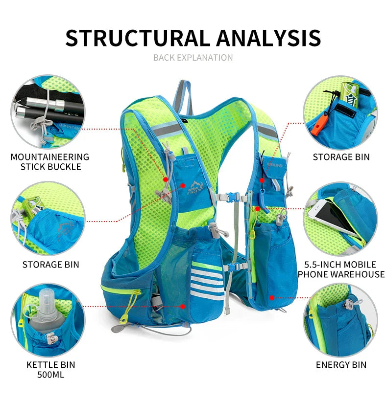 8L Running & Cycling Hydration Vest Backpack — Hiking & Marathon Water Pack with 1.5L Bladder and 500ml Bottle