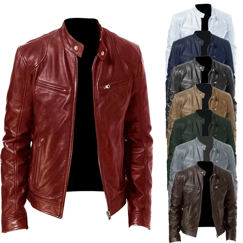 Men’s Slim Fit Motorcycle Leather Jacket – Short Lapel PU Zipper Windproof Coat for Autumn