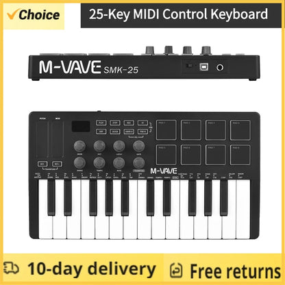 M-VAVE 25 Key MIDI Control Keyboard – Portable USB, Velocity-Sensitive Keys, 8 RGB Pads, 8 Knobs