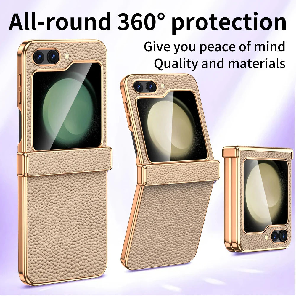 Cowhide Leather Samsung Galaxy Z Flip Case — Luxury Hinge Protection Cover with Tempered Glass for Flip 5/6/7
