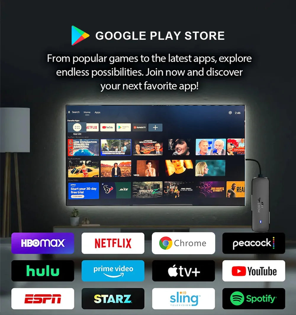 Mortal Q8 Android TV Stick Global Version – Android 14, 8K/4K Streaming, WiFi 6, Voice Remote, Netflix & YouTube Compatible
