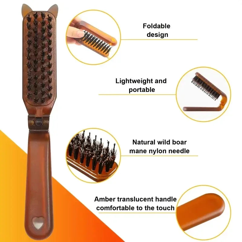 Foldable Boar Bristle Hair Comb - Portable Scalp Massager Travel Hair Brush & Styling Accessory
