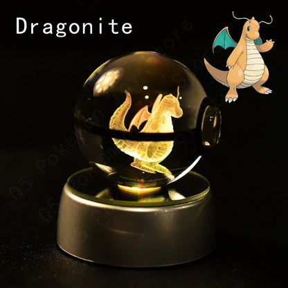 Pokemon 3D Crystal Ball Figurine — Pikachu, Gengar, Mew, Mewtwo Glass Statue with Lamp Base, Kids Birthday Gift