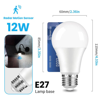 2PCS E27 12W LED Motion Sensor Bulb Lights, Radar Auto On 220V Night Light for Home, Living Room, Stairs & Pathway Lighting