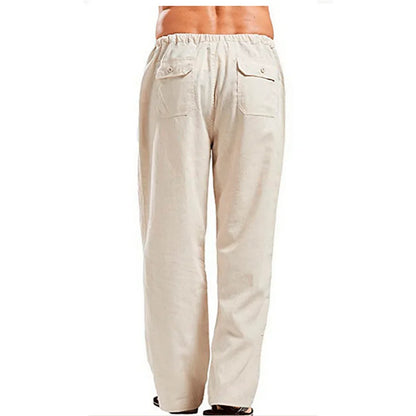 Men's Cotton Linen Pants – Summer Breathable Solid Color Casual Trousers with Elastic Waist