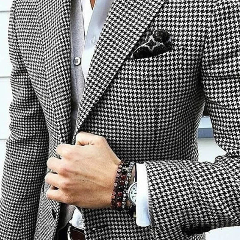 Men’s Slim Fit Houndstooth Blazer — Italian Style Casual Suit Jacket, Notched Lapel Check Coat for Wedding, Prom & Party 2024