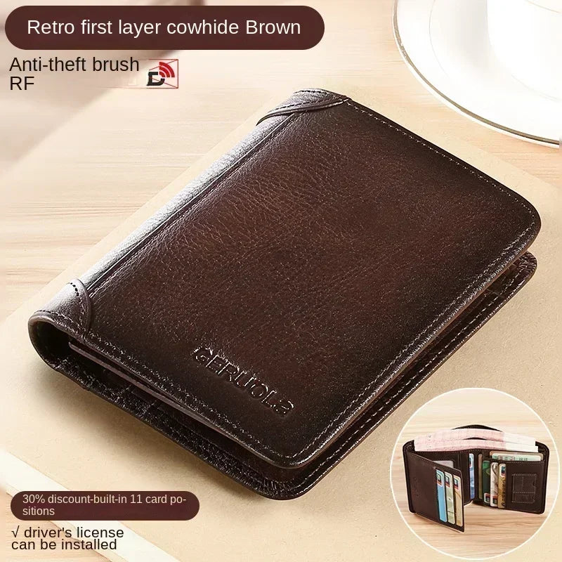 Genuine Leather Men’s Wallet – RFID Blocking Trifold, Vintage Thin ID & Credit Card Holder, Multi-Function Purse