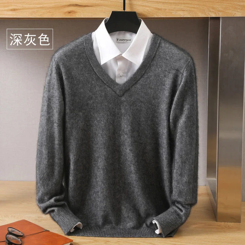Men’s 100% Pure Mink Cashmere Sweater – V-Neck Knit Pullover, Long Sleeve Winter Jumper, Large Size High-End Top