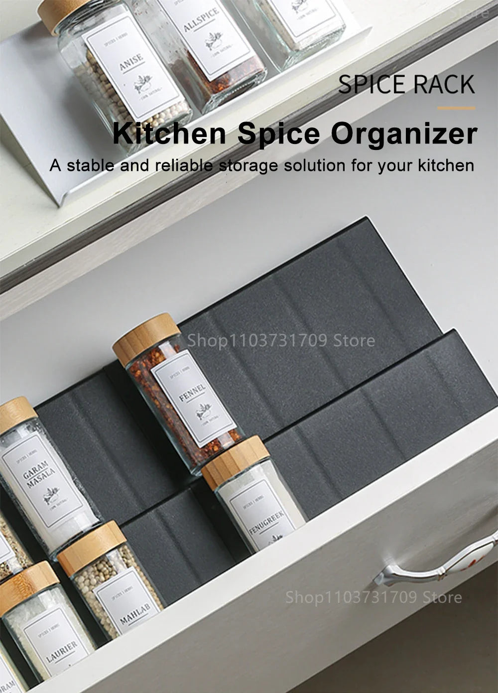 4-Layer Adjustable Kitchen Spice Rack – Drawer Organizer for Jars, Bottles & Pantry Storage