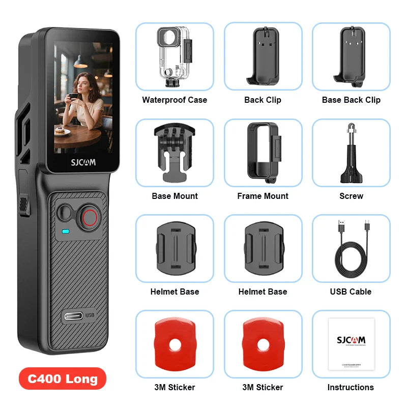 SJCAM C400 4K Action Camera – Dual Screen 30FPS, 90° Flip Touch Display, 6-Axis Gyro Stabilization, Long Battery Life Cam