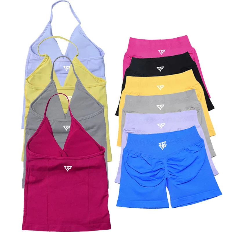 Women’s 2-Piece Yoga Set – Seamless Gym Outfit with Shorts & Lace-Up Sports Bra, High Quality Fitness Activewear Set