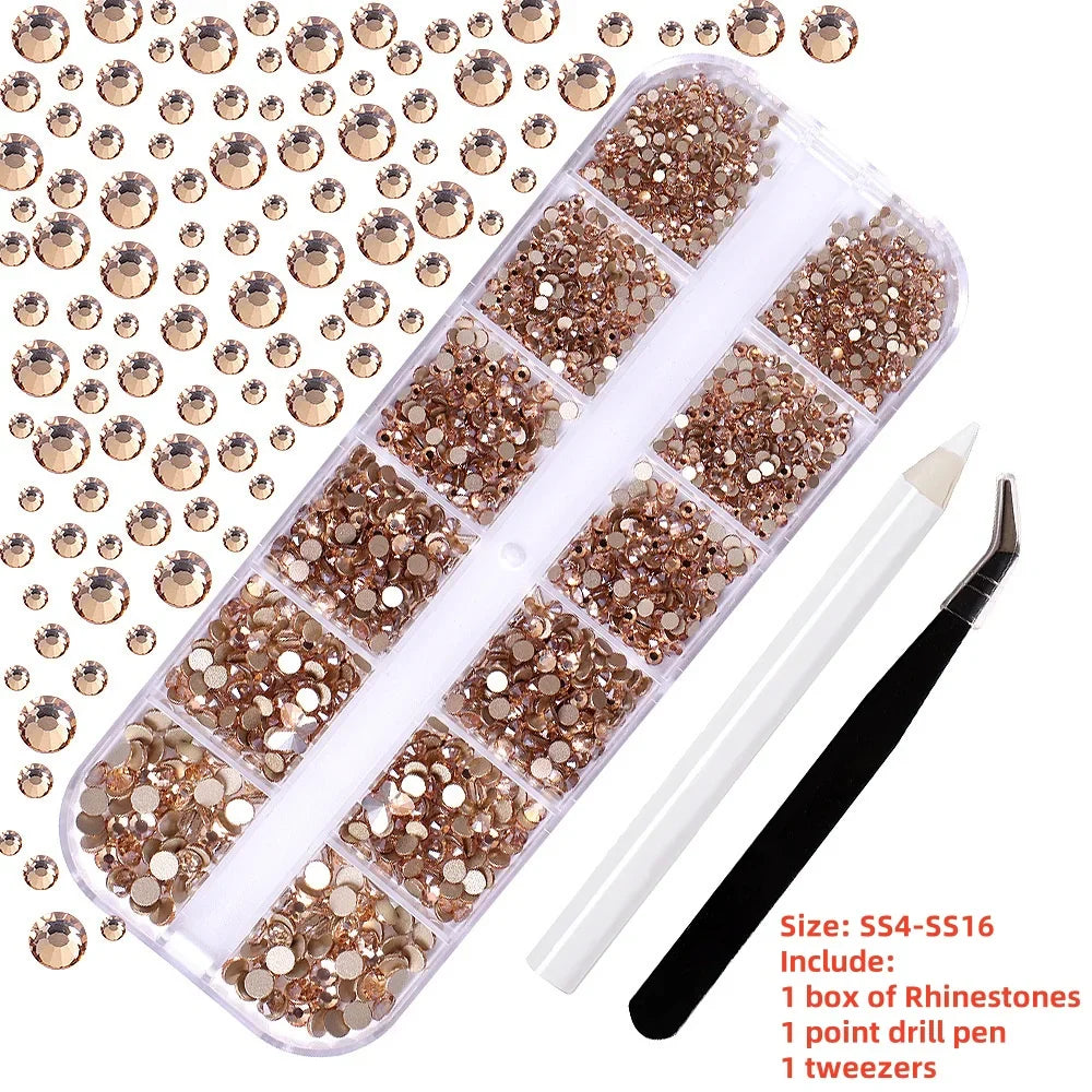 12-Grid 3D Glass AB Crystal Nail Art Rhinestones Kit – Flatback Round Beads with Tools for Nail Jewelry & Diamond Decoration