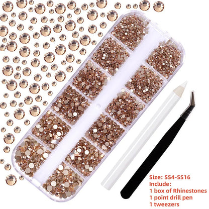 12-Grid 3D Glass AB Crystal Nail Art Rhinestones Kit – Flatback Round Beads with Tools for Nail Jewelry & Diamond Decoration