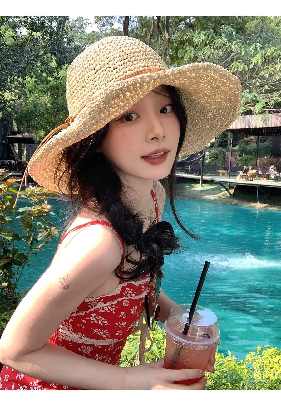Women’s Holiday Beach Sun Hat – Large Brim Woven Straw Fisherman Hat with Bow, Seaside Sun Protection Panama Chapeau Korean Style