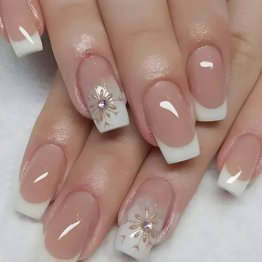 24PCS Short Square Coffin False Nails – French Glitter Acrylic Press-On Nail Tips with Glue, Wearable Fake Nails Set