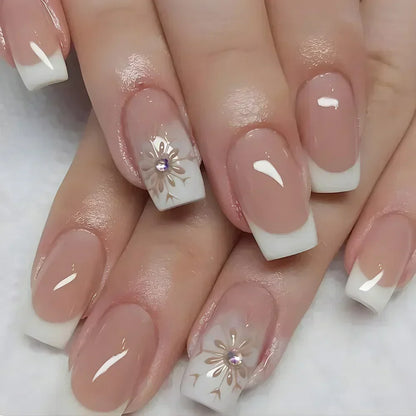 24PCS Short Square Coffin False Nails – French Glitter Acrylic Press-On Nail Tips with Glue, Wearable Fake Nails Set
