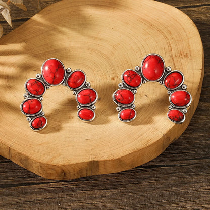 Vintage Tribal Gemstone Earrings - Women's Ethnic Style Rose Red Blue Fashion Jewelry Gift