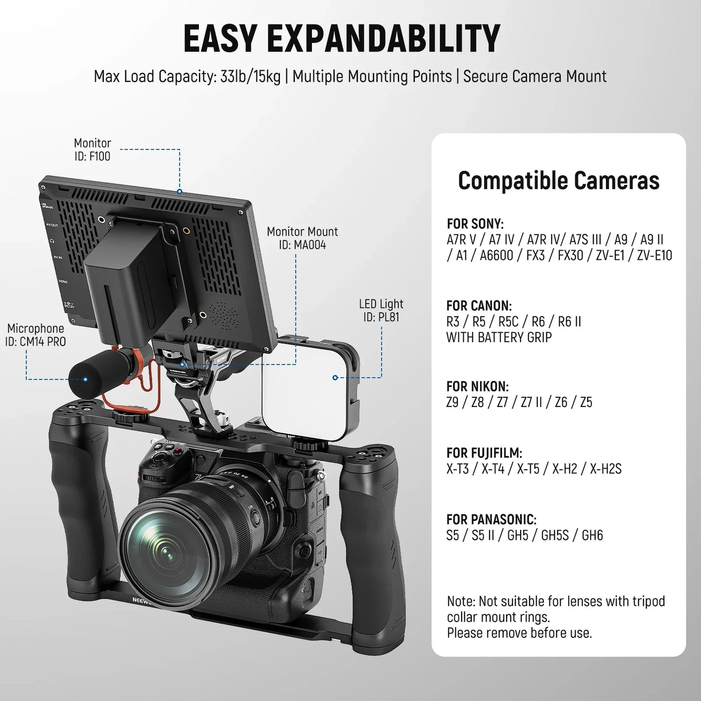 NEEWER Universal Camera Cage with Top Handle – 3/8” ARRI Locating Video Rig Stabilizer with Arca-Type Base for DSLR & Mirrorless Cameras