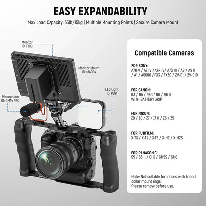 NEEWER Universal Camera Cage with Top Handle – 3/8” ARRI Locating Video Rig Stabilizer with Arca-Type Base for DSLR & Mirrorless Cameras