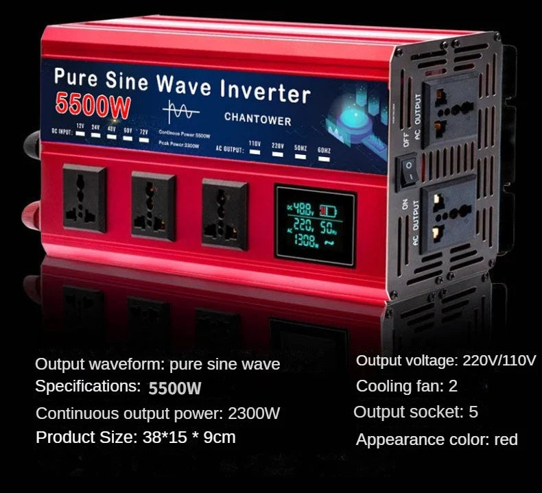 5500W Pure Sine Wave Inverter - DC 12v/24v/48v/60v/72v to AC 110v/220v Voltage Converter for Car & Solar Power