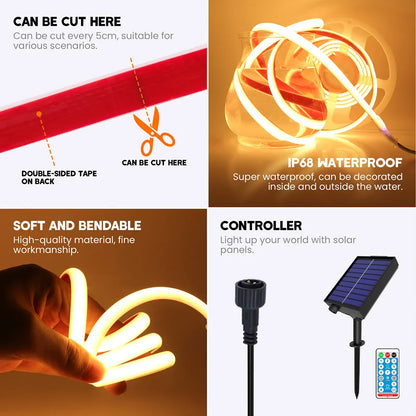 12V/24V Solar COB LED Strip Light IP68 Waterproof Flexible Tape Lamp 320 LEDs Warm & Natural White for Garden Decoration – 0.5M/1M/2M/5M