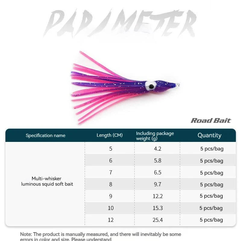 PRO BEROS 5Pcs Luminous Octopus Fishing Lures - Silicone Squid Skirts Glow Bait for Tuna Trolling & Sea Jigging