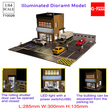 GFans 1:64 Scale Diorama Car Garage Model – LED Lighted Parking Lot DIY City Set for Collection & Display Gifts