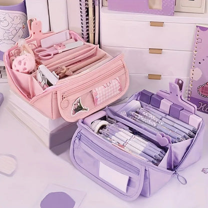 Large Capacity Multi-Compartment Pencil Case Organizer – Desktop School & Office Storage Bag in Pink, Purple & Black