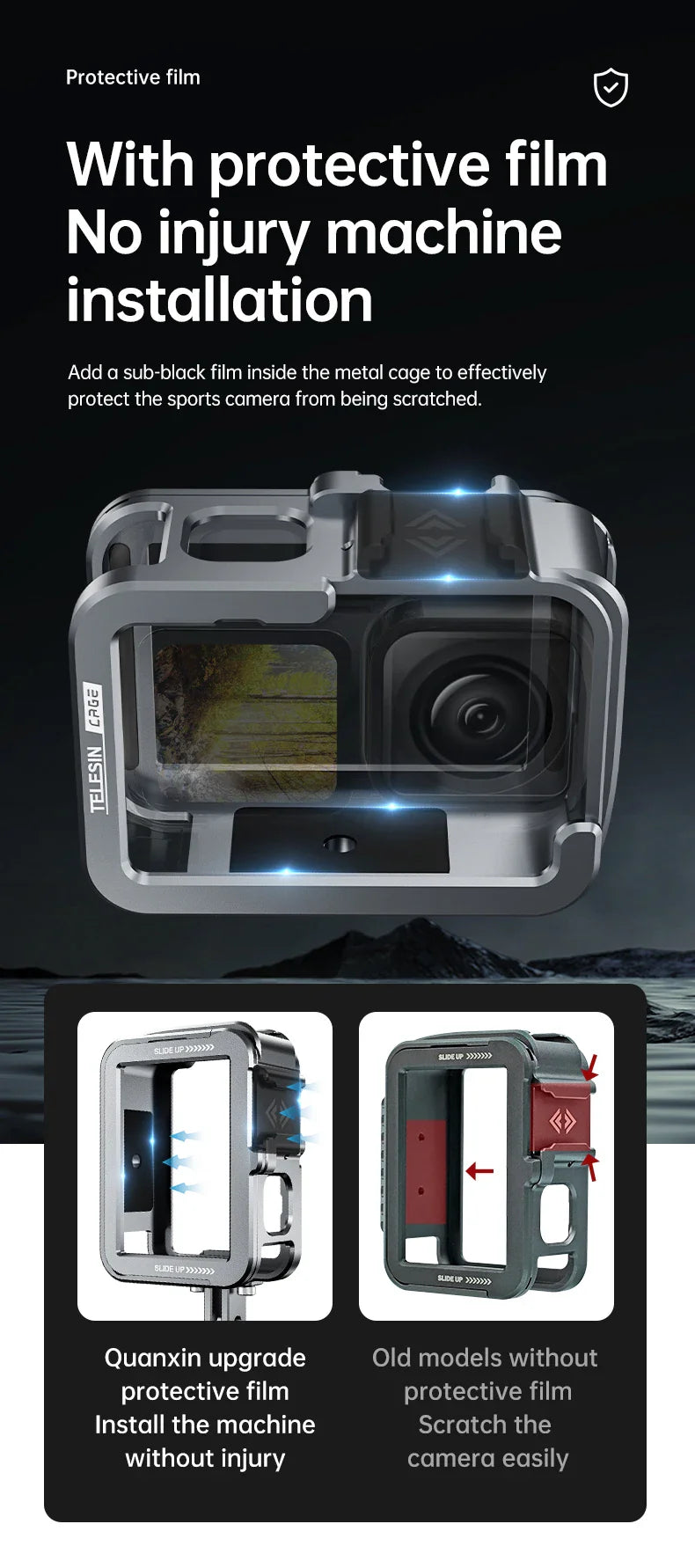 TELESIN Aluminum Alloy Cage for GoPro Hero 12/11/10/9 – Vlog Frame Case with Cold Shoe Mount & Protective Housing