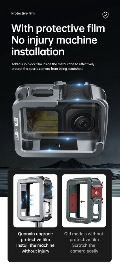 TELESIN Aluminum Alloy Cage for GoPro Hero 12/11/10/9 – Vlog Frame Case with Cold Shoe Mount & Protective Housing