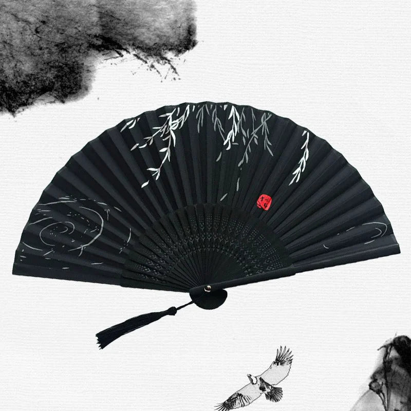 Bamboo Folding Fan with Silk — Chinese & Japanese Style Handheld Fan, Antique Art Craft for Summer Dance, Home Decor & Party