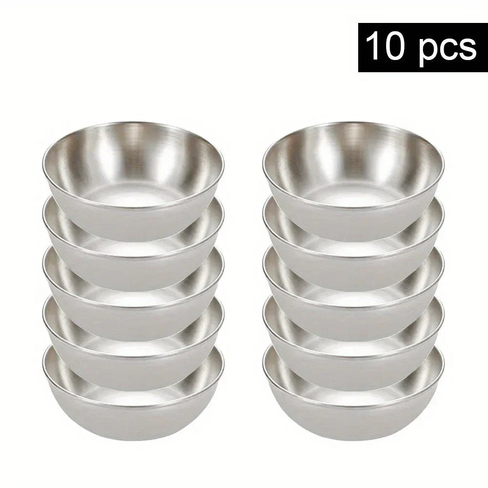 10Pcs Stainless Steel Sauce Dishes Set – Mini Round Seasoning Bowls & Small Appetizer Plates