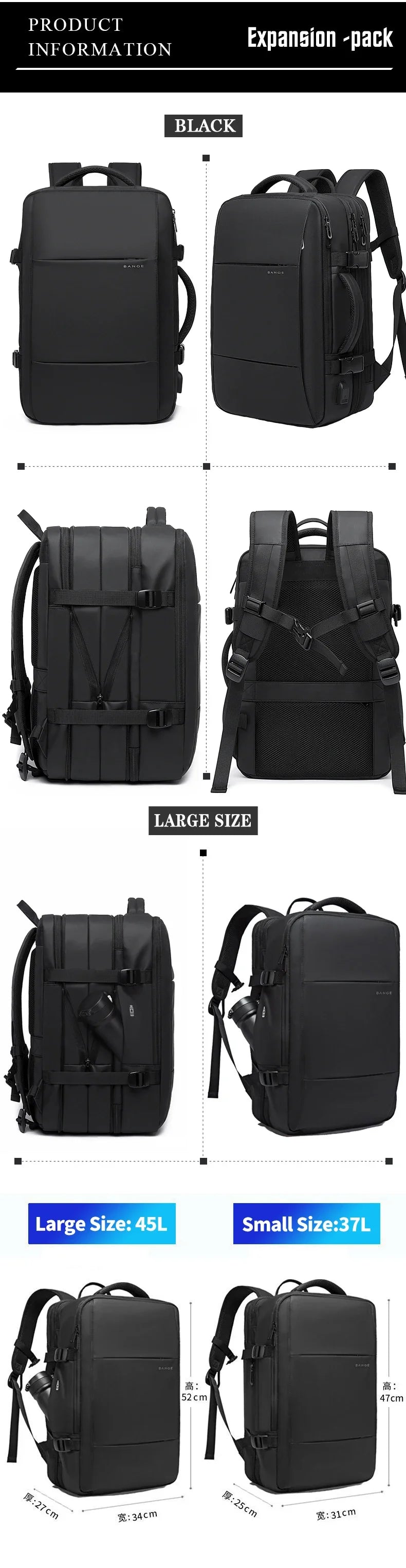 BANGE Expandable Men’s Waterproof Laptop Backpack – 17.3" Large Capacity Hiking & Travel Bag