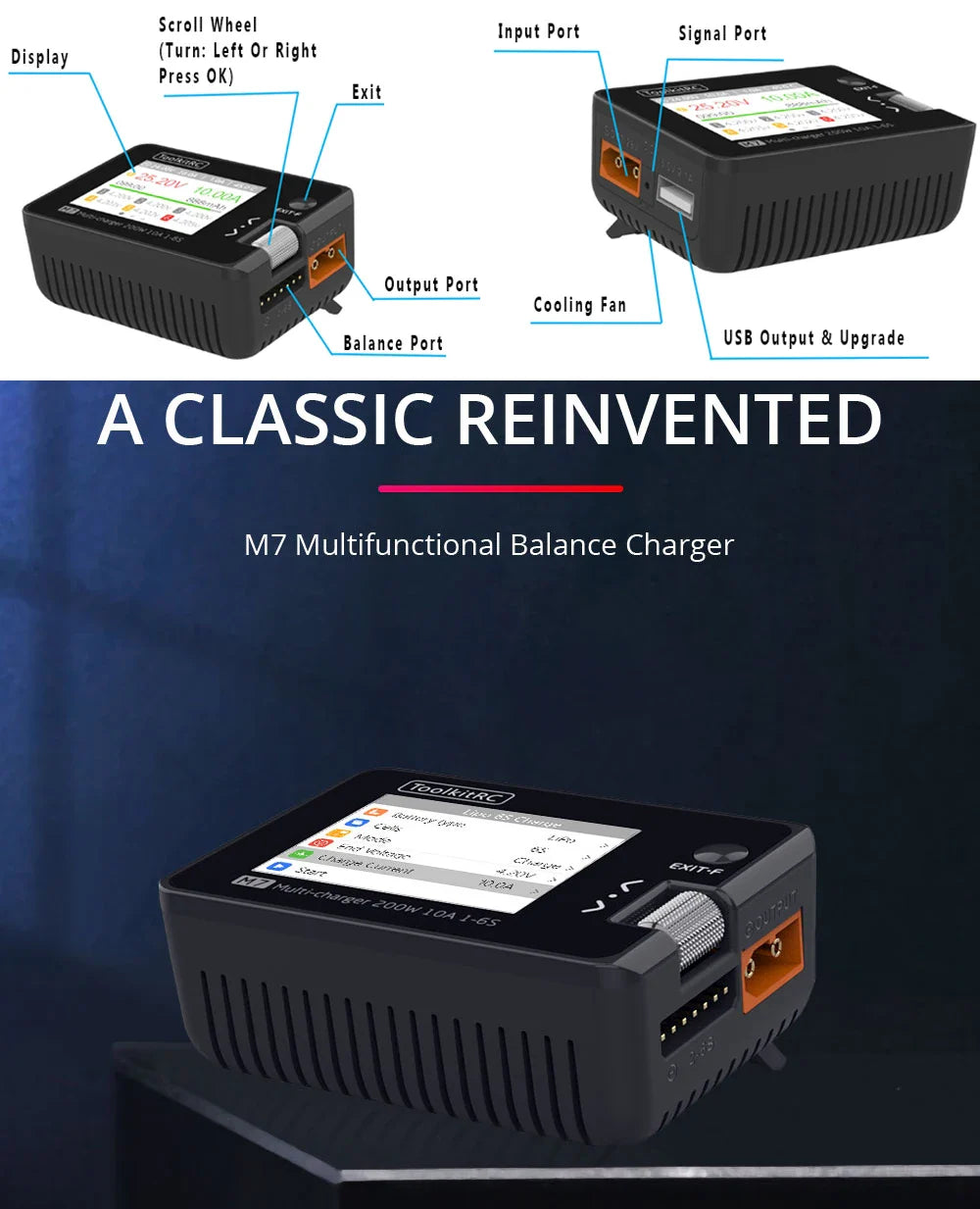 ToolkitRC M7 200W 10A DC Charger/Discharger — ADP100 Adapter for 1-6S LiPo, LiHV & LiFe Lion RC Batteries (EU/US)