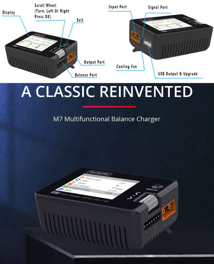 ToolkitRC M7 200W 10A DC Charger/Discharger — ADP100 Adapter for 1-6S LiPo, LiHV & LiFe Lion RC Batteries (EU/US)