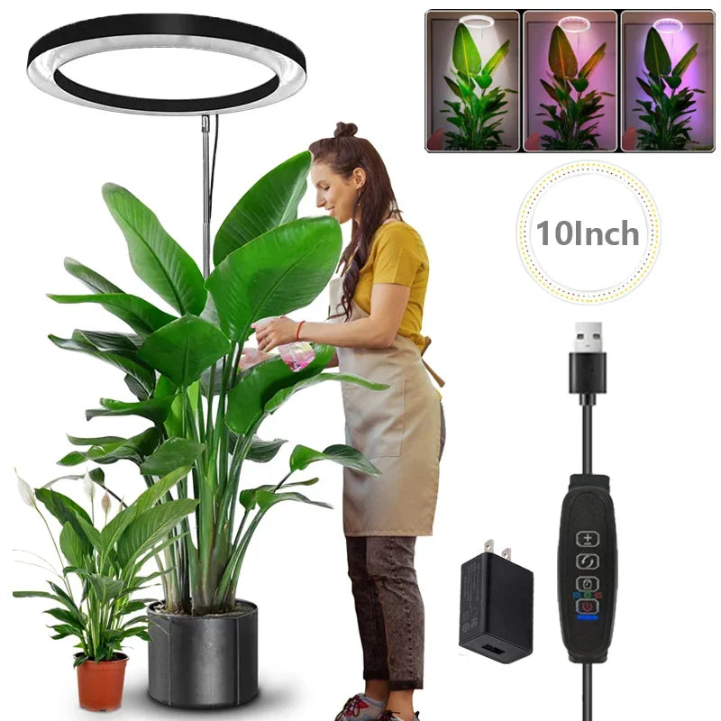 165cm Height Adjustable LED Ring Grow Light – Full Spectrum USB Plant Lamp for Indoor Plants, Large Growing Light