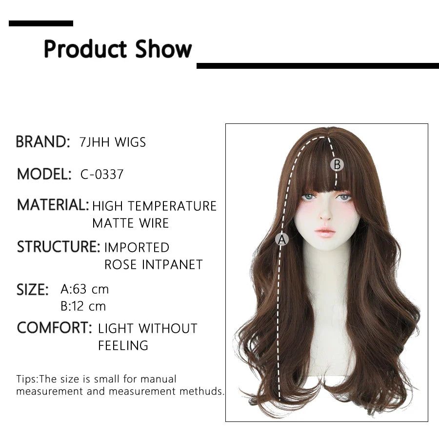 7JHH Brown Ash Long Deep Wave Lolita Wig for Women — Synthetic Hair with Bangs, Thick Curly Fashion Wig