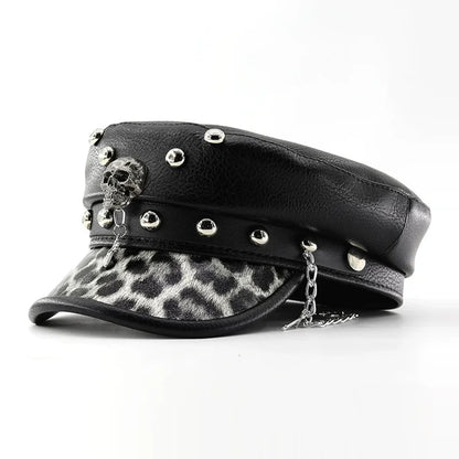 Women’s Punk PU Leather Beret Hat – Vintage Flat Top Military Style Cap for Outdoor Casual Wear & Street Fashion Accessories