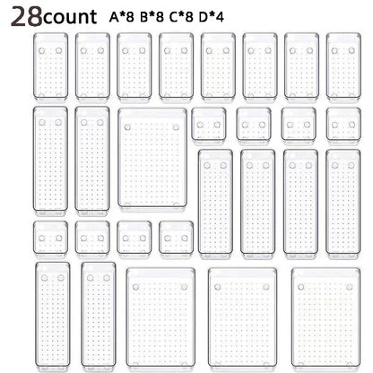 28PCS Clear Drawer Organizer Set - Multi-Size Storage Trays for Bathroom Vanity Kitchen & Bedroom