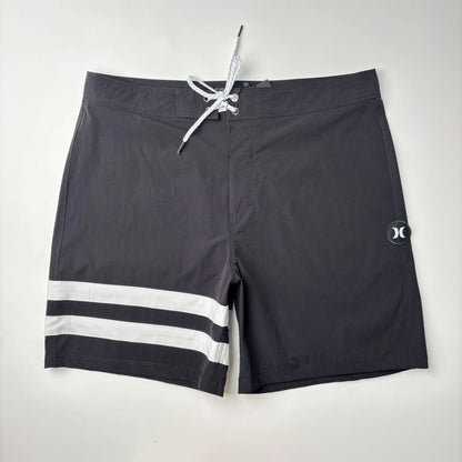 Men’s Two-Stripe Black Beach Shorts - Stretch Quick-Dry Bermuda Swim Trunks